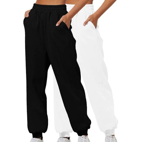 XCXC 2er-Pack Damen Jogginghose mit Cinch-Bottom und Taschen Frauen Einfarbiger Trainingsanzug Baggy Hose mit elastischer Taille für Lässiges Hip-Hop, Fitnessstudio und Joggen von XCXC
