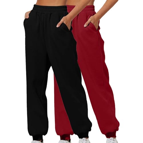 XCXC 2er-Pack Damen Jogginghose mit Cinch-Bottom und Taschen Frauen Einfarbiger Trainingsanzug Baggy Hose mit elastischer Taille für Lässiges Hip-Hop, Fitnessstudio und Joggen von XCXC