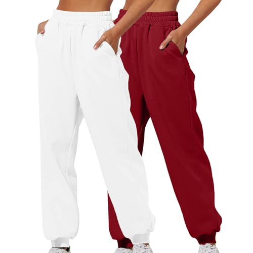 XCXC 2er-Pack Damen Jogginghose mit Cinch-Bottom und Taschen Frauen Einfarbiger Trainingsanzug Baggy Hose mit elastischer Taille für Lässiges Hip-Hop, Fitnessstudio und Joggen von XCXC