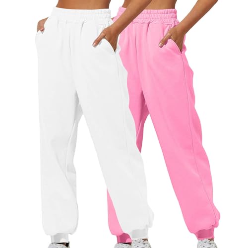 XCXC 2er-Pack Damen Jogginghose mit Cinch-Bottom und Taschen Frauen Einfarbiger Trainingsanzug Baggy Hose mit elastischer Taille für Lässiges Hip-Hop, Fitnessstudio und Joggen von XCXC