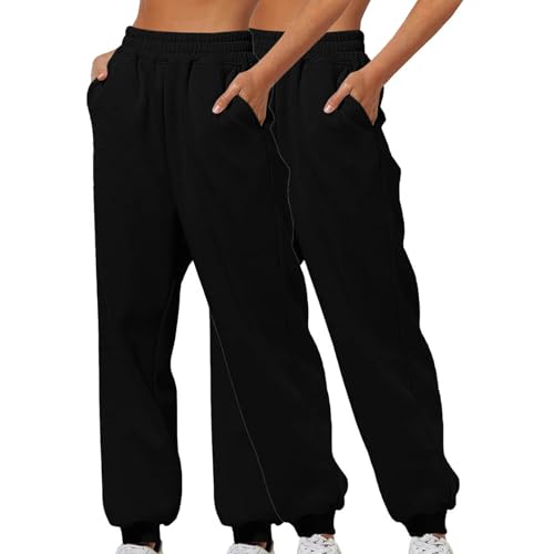 XCXC 2er-Pack Damen Jogginghose mit Cinch-Bottom und Taschen Frauen Einfarbiger Trainingsanzug Baggy Hose mit elastischer Taille für Lässiges Hip-Hop, Fitnessstudio und Joggen von XCXC