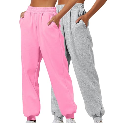 XCXC 2er-Pack Damen Jogginghose mit Cinch-Bottom und Taschen Frauen Einfarbiger Trainingsanzug Baggy Hose mit elastischer Taille für Lässiges Hip-Hop, Fitnessstudio und Joggen von XCXC