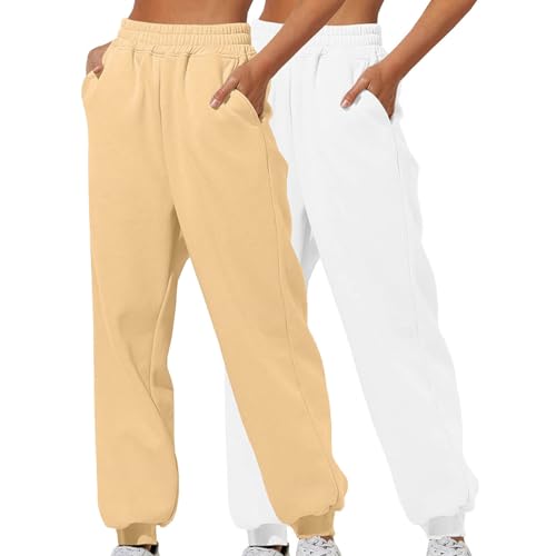 XCXC 2er-Pack Damen Jogginghose mit Cinch-Bottom und Taschen Frauen Einfarbiger Trainingsanzug Baggy Hose mit elastischer Taille für Lässiges Hip-Hop, Fitnessstudio und Joggen von XCXC