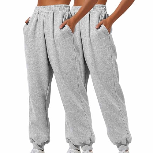 XCXC 2er-Pack Damen Jogginghose mit Cinch-Bottom und Taschen Frauen Einfarbiger Trainingsanzug Baggy Hose mit elastischer Taille für Lässiges Hip-Hop, Fitnessstudio und Joggen von XCXC