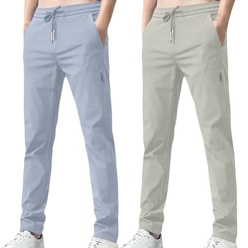 XCXC 2er-Pack Hosen Herren Lang Leicht Einfarbig Loose Fit Sommerhose Männer Freizeithose 2025 Sommer Bequeme Hose Stoffhose mit Tunnelzug und Taschen von XCXC
