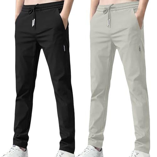 XCXC 2er-Pack Hosen Herren Lang Leicht Einfarbig Loose Fit Sommerhose Männer Freizeithose 2025 Sommer Bequeme Hose Stoffhose mit Tunnelzug und Taschen von XCXC