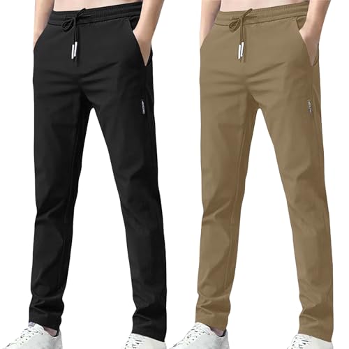 XCXC 2er-Pack Hosen Herren Lang Leicht Einfarbig Loose Fit Sommerhose Männer Freizeithose 2025 Sommer Bequeme Hose Stoffhose mit Tunnelzug und Taschen von XCXC