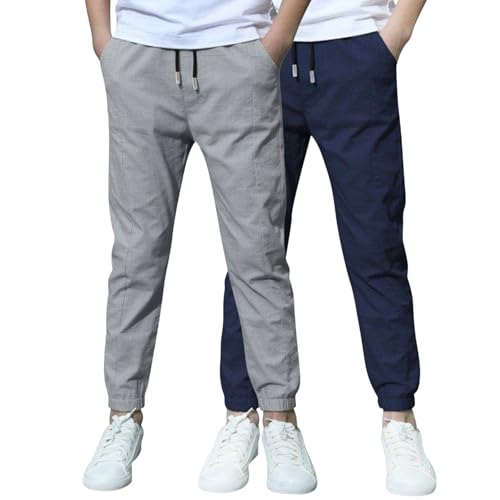 XCXC 2er-Pack Jogginghose Jungen Baumwoll-Leinen Hose Kinder Locker geschnittene Freizeithose mit Kordelzug und elastischen Bündchen Trainingshose Cargohose Miederhose Outdoor Hose von XCXC