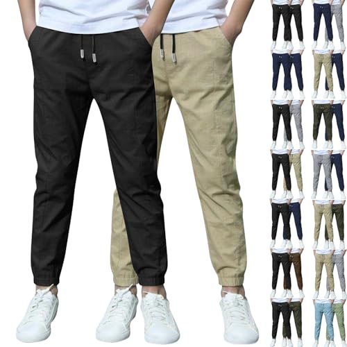 XCXC 2er-Pack Jogginghose Jungen Baumwoll-Leinen Hose Kinder Locker geschnittene Freizeithose mit Kordelzug und elastischen Bündchen Trainingshose Cargohose Miederhose Outdoorhose von XCXC