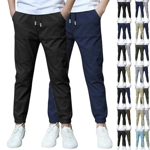 XCXC 2er-Pack Jogginghose Jungen Baumwoll-Leinen Hose Kinder Locker geschnittene Freizeithose mit Kordelzug und elastischen Bündchen Trainingshose Cargohose Miederhose Outdoorhose von XCXC