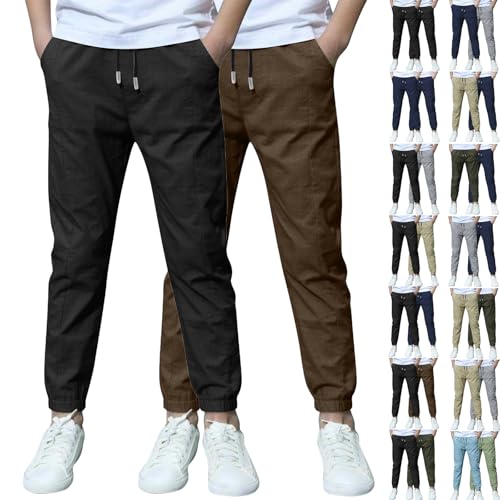 XCXC 2er-Pack Jogginghose Jungen Baumwoll-Leinen Hose Kinder Locker geschnittene Freizeithose mit Kordelzug und elastischen Bündchen Trainingshose Cargohose Miederhose Outdoorhose von XCXC