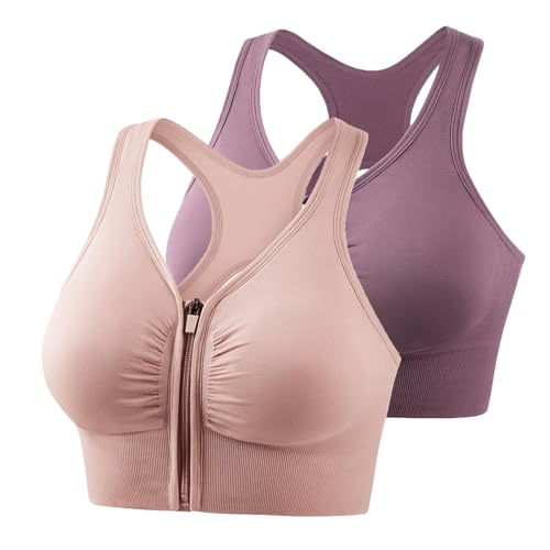 XCXC 2er Pack Sport BH Damen ohne Bügel Frauen Yoga BH Vorne zum Schließen Damen Sport-BH mit Reißverschluss und Kreuzrücken-Design für Yoga Outdoor Laufen und Fitness von XCXC