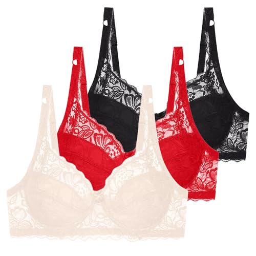 XCXC 3er-Pack Damen BH ohne Bügel Push Up Spitzen-BH Frauen Weich Bequemer Sexy Klassische BHS mit verstellbarem Träger Women Bra Set für Alltag von XCXC