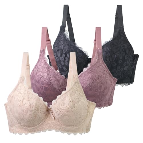 XCXC 3er Pack Damen BHS mit Bügel Große Größen Spitzen-BH Frauen Push-Up BH mit verstellbaren Trägern, Atmungsaktiv, Elegantes Komfortabel Klassische-BH für Alltag und Freizeit (75-110 B/C/D/E) von XCXC