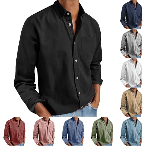 XCXC Hemd Herren Langarm Hemden Männer Einfarbiges Freizeithemd mit Kragen Herren Klassisches Langarmshirts Leinenhemd Jeanshemd Thermohemd Herrenhemd Knopfhemd für Büro, Freizeit und Alltag von XCXC