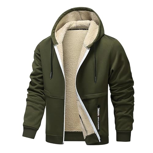 XCXC Herren Fleecejacke mit Kapuze und Reißverschluss Männer Einfarbige Gefütterte Winterjacke Kapuzenjacke mit Kordelzug Taschen Sweatjacke Freizeitjacke für Alltag von XCXC