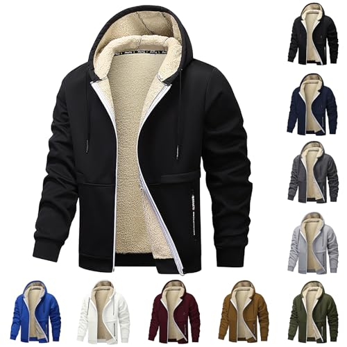 XCXC Herren Fleecejacke mit Kapuze und Reißverschluss Männer Einfarbige Gefütterte Winterjacke Kapuzenjacke mit Kordelzug Taschen Sweatjacke Freizeitjacke für Alltag von XCXC