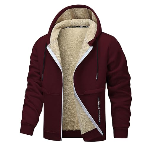 XCXC Herren Fleecejacke mit Kapuze und Reißverschluss Männer Einfarbige Gefütterte Winterjacke Kapuzenjacke mit Kordelzug Taschen Sweatjacke Freizeitjacke für Alltag von XCXC