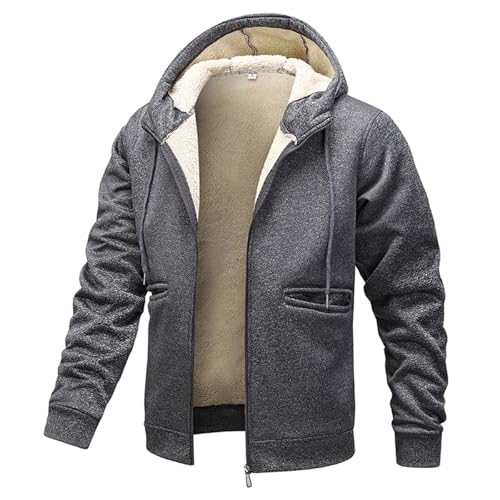 XCXC Herren Fleecejacke mit Kapuze und Reißverschluss Männer Einfarbige Gefütterte Winterjacke Kapuzenjacke mit Kordelzug Taschen Sweatjacke Freizeitjacke für Alltag von XCXC