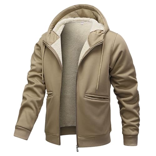 XCXC Herren Fleecejacke mit Kapuze und Reißverschluss Männer Einfarbige Gefütterte Winterjacke Kapuzenjacke mit Kordelzug Taschen Sweatjacke Freizeitjacke für Alltag von XCXC