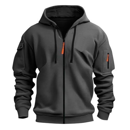 XCXC Herren Kapuzenjacke mit Reißverschluss Männer Outdoorjacke mit Armtasche Kordelzug Fronttaschen Langarm Oberteil Übergangsjacke Freizeitjacke für Fitness Alltag Freizeit von XCXC
