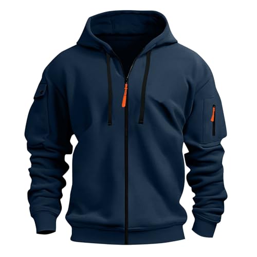 XCXC Herren Kapuzenjacke mit Reißverschluss Männer Outdoorjacke mit Armtasche Kordelzug Fronttaschen Langarm Oberteil Übergangsjacke Freizeitjacke für Fitness Alltag Freizeit von XCXC