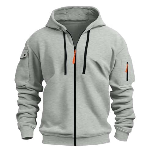 XCXC Herren Kapuzenjacke mit Reißverschluss Männer Outdoorjacke mit Armtasche Kordelzug Fronttaschen Langarm Oberteil Übergangsjacke Freizeitjacke für Fitness Alltag Freizeit von XCXC