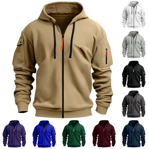 XCXC Herren Kapuzenjacke mit Reißverschluss Männer Outdoorjacke mit Armtasche Kordelzug Fronttaschen Langarm Oberteil Übergangsjacke Freizeitjacke für Fitness Alltag Freizeit von XCXC