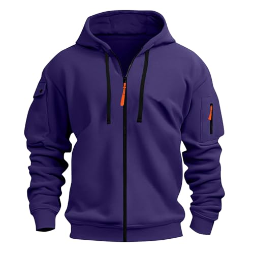XCXC Herren Kapuzenjacke mit Reißverschluss Männer Outdoorjacke mit Armtasche Kordelzug Fronttaschen Langarm Oberteil Übergangsjacke Freizeitjacke für Fitness Alltag Freizeit von XCXC