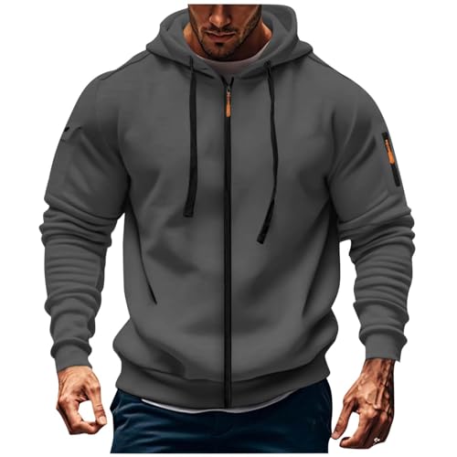 XCXC Herren Kapuzenjacke mit Reißverschluss und Ärmeltasche Männer Langarm Strickjacke mit Kordelzug Sportliche Trainingsjacke Übergangsjacke für Alltag Fitness Freizeit von XCXC