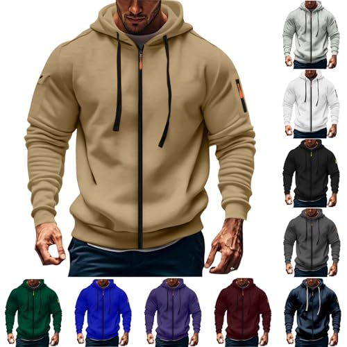 XCXC Herren Kapuzenjacke mit Reißverschluss und Ärmeltasche Männer Langarm Strickjacke mit Kordelzug Sportliche Trainingsjacke Übergangsjacke für Alltag Fitness Freizeit von XCXC