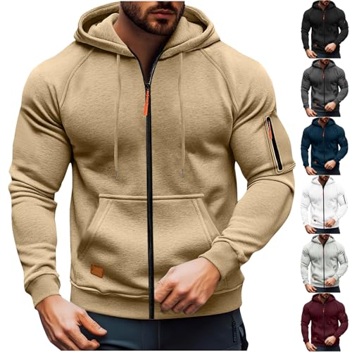 XCXC Herren Kapuzenjacke mit Reißverschluss und Brusttasche Männer Übergangsjacke mit Kordelzug Seitentaschen Langarm Strickjacke für Herbst Winter Alltag Freizeit von XCXC