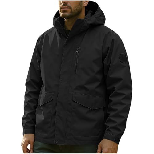 XCXC Herren Outdoorjacke mit Abnehmbarer Kapuze Reißverschluss-Taschen Männer Wasserdicht Windbreaker Langarm Übergangsjacke Atmungsaktive Regenjacke Funktionsjacke für Alltag Wandern Trekking von XCXC