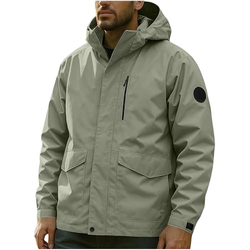 XCXC Herren Outdoorjacke mit Abnehmbarer Kapuze Reißverschluss-Taschen Männer Wasserdicht Windbreaker Langarm Übergangsjacke Atmungsaktive Regenjacke Funktionsjacke für Alltag Wandern Trekking von XCXC