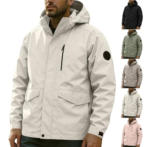XCXC Herren Outdoorjacke mit Abnehmbarer Kapuze Reißverschluss-Taschen Männer Wasserdicht Windbreaker Langarm Übergangsjacke Atmungsaktive Regenjacke Funktionsjacke für Alltag Wandern Trekking von XCXC