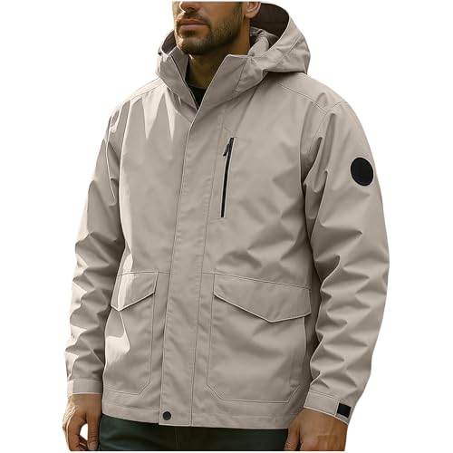 XCXC Herren Outdoorjacke mit Abnehmbarer Kapuze Reißverschluss-Taschen Männer Wasserdicht Windbreaker Langarm Übergangsjacke Atmungsaktive Regenjacke Funktionsjacke für Alltag Wandern Trekking von XCXC