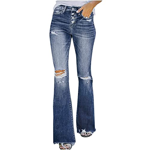 XCXC Jeans Damen Ripped Damen Jeans High Waist Mode Einfarbige Sommerhose Damen Elegante Einfarbige Schlaghosen Frauen Hosen Trachten Wanderhose Y2k Jogginghose von XCXC