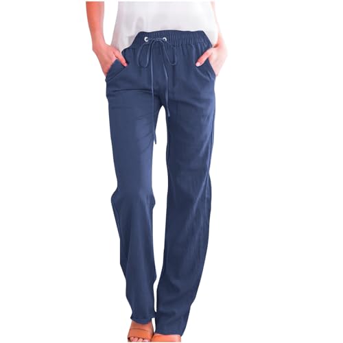 XCXC Leinenhose Damen Hose Sommer Musselin Hosen Stoffhose Frauen Einfarbig Freizeithose Gerade Geschnitten Hose Sommerhose und Taschen von XCXC