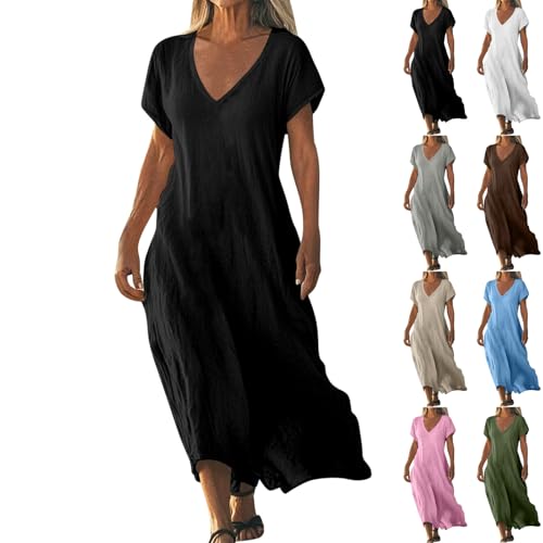 XCXC Maxikleid Damen Sommerkleid Kurzarm V-Ausschnitt Kleider Lockeres A-Linien Kaftankleid Strandkleid Freizeitkleid Lang Kleid für Urlaub Alltag Strand Sommer Boho Stil von XCXC
