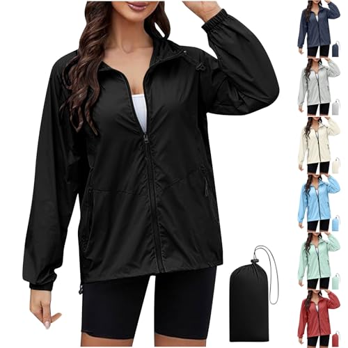 XCXC Regenjacke Damen Übergangsjacke Frauen Wasserdichte Leichte Kapuzenjacke mit Reißverschluss Damen Softshelljacke Regenmantel Laufjacke Outdoorjacke Wanderjacke Trainingsjacke von XCXC