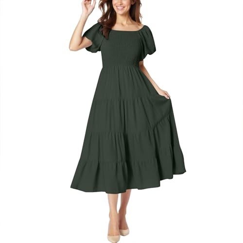 XCXC Sommerkleid Damen Kurzarm Kleider Maxikleid mit Quadratischem Ausschnitt und Puffärmeln Frauen Stufenkleid Einfarbig Freizeitkleid Elegantes Kleid für Alltag, Urlaub, Strand von XCXC