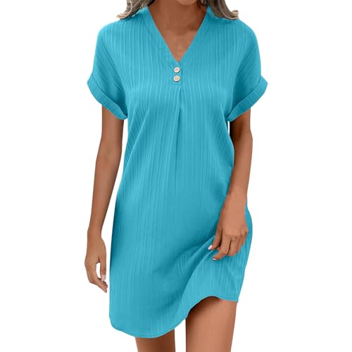XCXC Sommerkleid Damen V-Ausschnitt Kurzarm Kleider Frauen Einfarbig Freizeitkleid Lockeres T-Shirt Kleid mit Knöpfen Leichtes Strandkleid für Alltag Urlaub Zuhause von XCXC