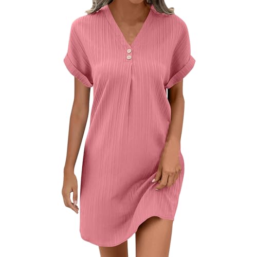 XCXC Sommerkleid Damen V-Ausschnitt Kurzarm Kleider Frauen Einfarbig Freizeitkleid Lockeres T-Shirt Kleid mit Knöpfen Leichtes Strandkleid für Alltag Urlaub Zuhause von XCXC