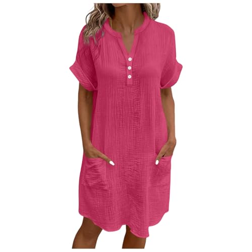 XCXC Sommerkleid Damen V-Ausschnitt Kurzarm Kleider Tunika Frauen Einfarbig Freizeitkleid Lockeres Smockkleid T-Shirt Kleid mit Knöpfen und Taschen Leichtes Strandkleid für Alltag Urlaub Zuhause von XCXC