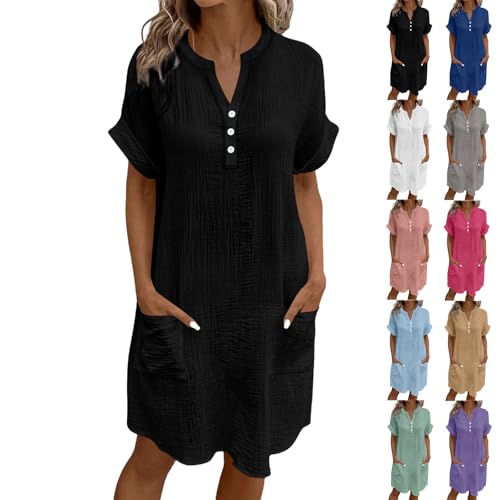 XCXC Sommerkleid Damen V-Ausschnitt Kurzarm Kleider Tunika Frauen Einfarbig Freizeitkleid Lockeres Smockkleid T-Shirt Kleid mit Knöpfen und Taschen Leichtes Strandkleid für Alltag Urlaub Zuhause von XCXC
