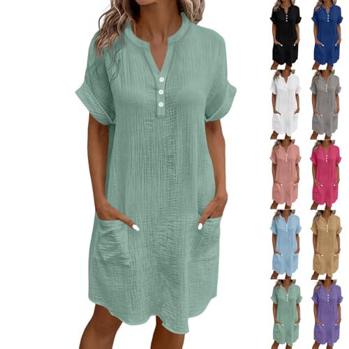 XCXC Sommerkleid Damen V-Ausschnitt Kurzarm Kleider Tunika Frauen Einfarbig Freizeitkleid Lockeres Smockkleid T-Shirt Kleid mit Knöpfen und Taschen Leichtes Strandkleid für Alltag Urlaub Zuhause von XCXC