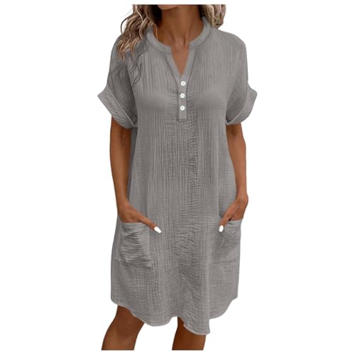 XCXC Sommerkleid Damen V-Ausschnitt Kurzarm Kleider Tunika Frauen Einfarbig Freizeitkleid Lockeres Smockkleid T-Shirt Kleid mit Knöpfen und Taschen Leichtes Strandkleid für Alltag Urlaub Zuhause von XCXC