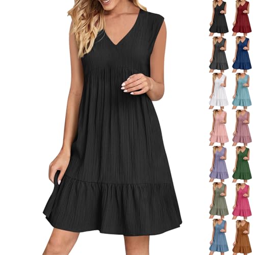 XCXC Sommerkleid Damen ärmellos V-Ausschnitt Kleid Locker Geschnitten A-Linie Kleider Strandkleid Frauen Leicht Luftig Knielang Crinkle Look Freizeitkleid für Urlaub Strand Alltag viele Farben von XCXC