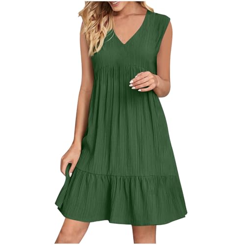 XCXC Sommerkleid Damen ärmellos V-Ausschnitt Kleid Locker Geschnitten A-Linie Kleider Strandkleid Frauen Leicht Luftig Knielang Crinkle Look Freizeitkleid für Urlaub Strand Alltag viele Farben von XCXC