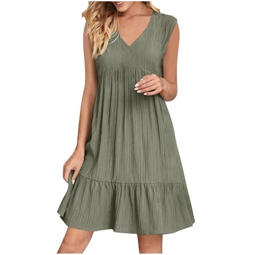 XCXC Sommerkleid Damen ärmellos V-Ausschnitt Kleid Locker Geschnitten A-Linie Kleider Strandkleid Frauen Leicht Luftig Knielang Crinkle Look Freizeitkleid für Urlaub Strand Alltag viele Farben von XCXC